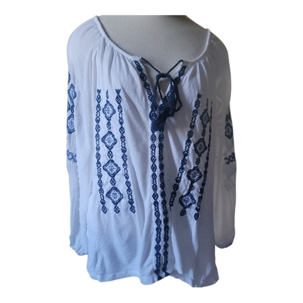 Lucky Brand White Peasant Blouse with Navy Embroidery